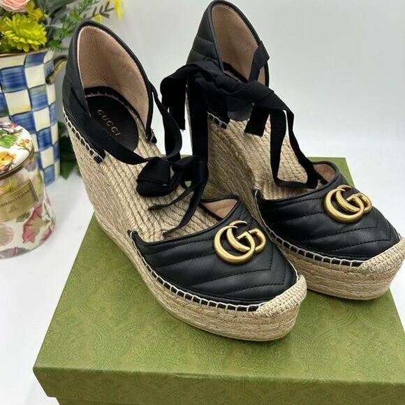 Women's Gucci GG Marmont ankle tie, wedge espadrilles size 40.5 made in Spain - Picture 1 of 10